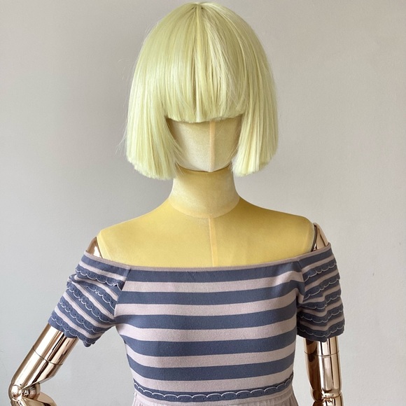 Fendi Shift Dress Gray Short Sleeve with Off-The-Shoulder Stripe Ruffle 4 - Picture 5 of 11